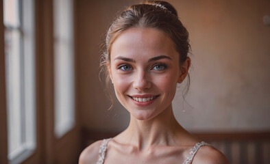 Aufkleber - Woman with blue eyes and a smile. She is wearing a dress. She is standing in front of a window
