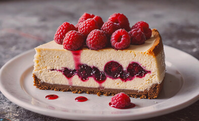 Aufkleber - Slice of cheesecake with raspberries on top. The raspberries are scattered around the edge of the slice