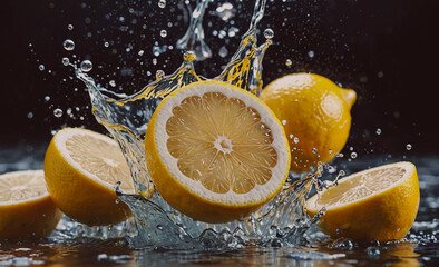 Poster - Lemon is sliced and is in the water. There are other lemons in the water as well