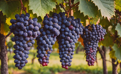 Poster - Bunch of grapes hanging from a vine. The grapes are purple and are in clusters. There are four clusters of grapes