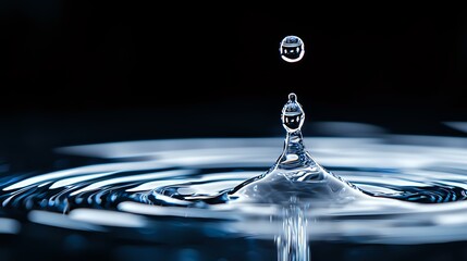 Poster - Mesmerizing water drop collision captured in high speed photography creating crown splash formation with concentric ripples on dark blue surface. Perfect for wellness.