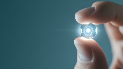 Aufkleber - glowing futuristic energy core held between fingers against teal background, radiating bright white 