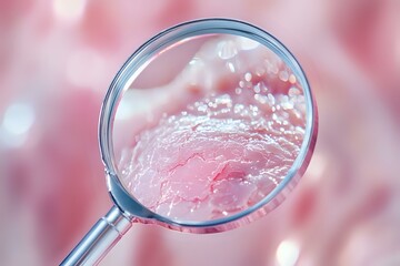 Poster - Magnifying glass revealing microscopic cellular structure on pink background with bokeh effect, scientific research concept for medical presentations.