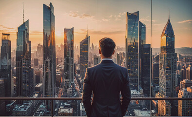Poster - Man in a suit is looking out over a city. The city is full of tall buildings