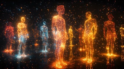 Poster - Glowing holographic human figures standing in line against dark background with particles and light effects create futuristic sci-fi atmosphere.