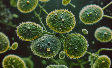 Poster - Close up of a green plant with many small green leaves. The leaves are covered in water droplets