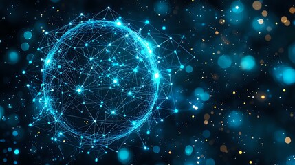Poster - glowing blue sphere formed by connected dots and lines against dark space background with bokeh ligh