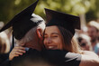 © Yana Zolotova - Smiling young woman hugging family member at graduation ceremony, emotional moment of achievement and pride