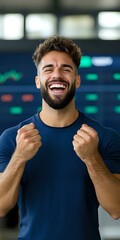 Poster - Young Mediterranean man with beard expressing joy and success against stock market display background, celebrating achievement with clenched fists and genuine smile.