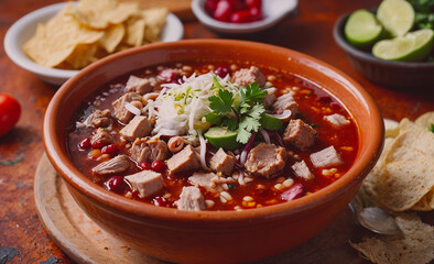 Aufkleber - Bowl of soup with meat and vegetables. There are also some chips and a spoon. The bowl is on a wooden table