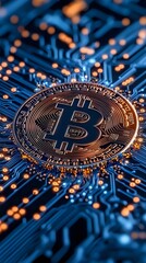 Poster - Golden cryptocurrency coin on blue circuit board background with glowing elements and digital connections, representing modern financial technology.