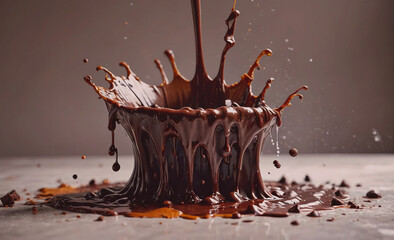 Poster - Chocolate fountain is pouring out of a bowl. The chocolate is splashing out of the bowl and onto the table
