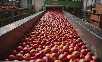 Poster - Conveyor belt with a large pile of apples on it. The apples are red and green
