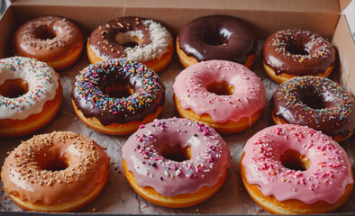 Poster - Box of assorted donuts with sprinkles and chocolate. There are 9 donuts in total