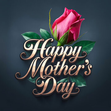 Luxurious 3D Mother's Day Logo with Gold Typography and Deep Pink Rose on Dark Grey Background