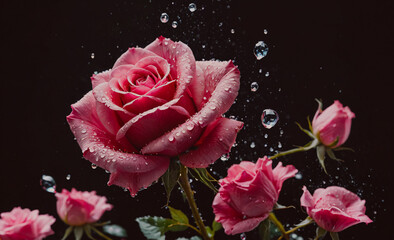 Poster - Rose with water droplets on it. There are four other roses in the background. The rose is pink and has a stem