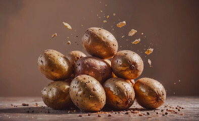Poster - Pile of gold potatoes with some of them broken. The pile is on a table. There are at least 12 potatoes in the pile