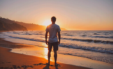 Poster - Man stands on the beach looking out at the ocean. The sun is setting in the background