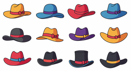 Poster - Digital illustration, in an elegant and simple style, with bold, rich colors and fine details, depicting twelve hats. The hats are designed in a flat, three-dimensional style. Vector Illustration