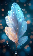Poster - Luminous white feather with water drops on dark blue background, glowing with ethereal light and bokeh effects, creating magical atmosphere for fantasy designs.