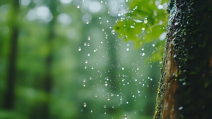 Poster - Raindrops falling in green forest with tree trunk in foreground, creating magical bokeh effect and natural water drops against blurred woodland background.