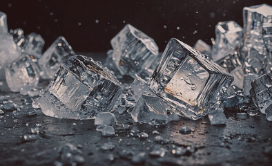 Poster - Pile of ice cubes with some of them broken. The ice cubes are scattered on the ground