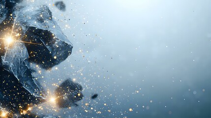 Poster - Mystical winter landscape with glowing ice formations and sparkling particles against misty blue background, creating ethereal atmospheric scene for seasonal designs.