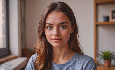 Aufkleber - Woman with brown hair and blue eyes is smiling. She is wearing a gray shirt. There is a potted plant in the background
