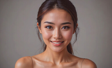Poster - Woman with brown eyes and a smile. She has her hair in a ponytail. She is wearing a necklace