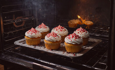 Poster - Tray of cupcakes is in an oven. The cupcakes are white and have red frosting