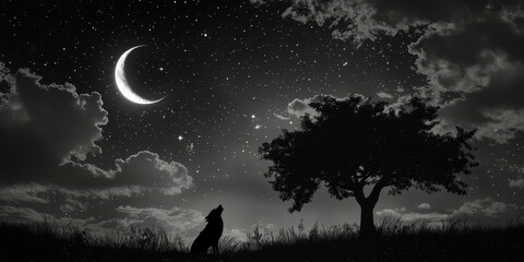 Wall Mural - a dog is standing on a hillside looking up at the moon