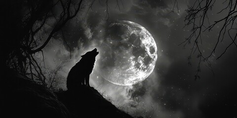 Wall Mural - a dog is standing on a hillside looking up at the moon