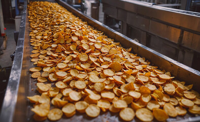 Poster - Conveyor belt with a pile of chips on it. The chips are golden brown and appear to be potato chips