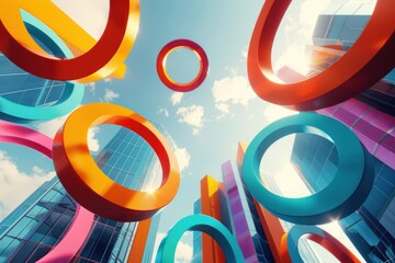 Poster - Clusters of colorful rings float in mid-air between towering buildings, illuminated by gentle morning light