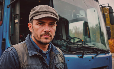 Poster - Man wearing a hat and a blue vest stands in front of a blue truck. He is looking at the camera