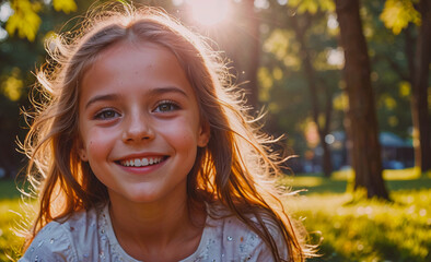 Aufkleber - Young girl with long blonde hair is smiling. She is wearing a white shirt. The girl is standing in a grassy area