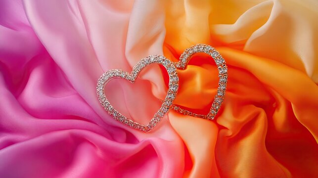 Earrings in heart form shining on gradient cloth from pink to orange