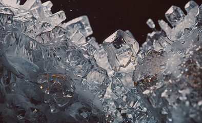 Poster - Large block of ice with many small ice cubes. The ice is in a pile and is surrounded by a dark background