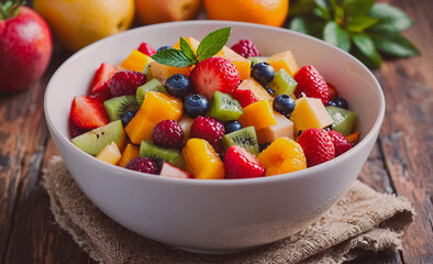 Aufkleber - Bowl of fruit salad with strawberries, blueberries, kiwi, and mango. The bowl is on a table