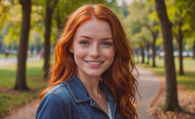 Aufkleber - Woman with red hair and blue jeans is smiling. She is standing in a park. There are trees in the background
