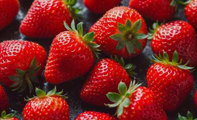 Poster - Bunch of red strawberries on a black surface. The strawberries are ripe and ready to eat. There are at least 12 strawberries in the bunch