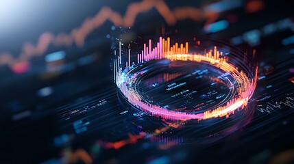 Poster - Futuristic circular financial data visualization with glowing pink and orange graphs, charts and market statistics on dark background with depth of field effect.