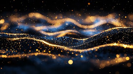 Poster - Abstract cosmic waves with golden glowing particles and blue nebula effects flowing through starry space, creating magical celestial atmosphere.