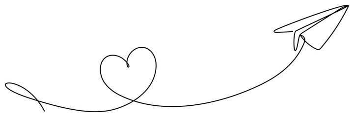 Poster - Paper airplane with heart shape trail continuous line drawing. Origami plane symbol. Vector illustration isolated on white.