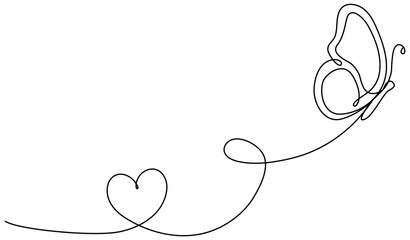 Poster - Butterfly flying continuous line art drawing. Cute butterfly with curve line and heart shape. Vector illustration isolated on white.