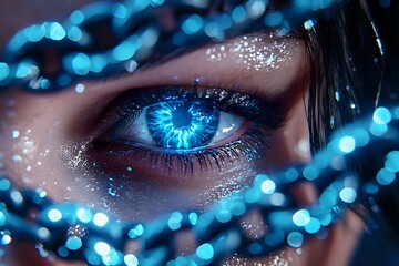 Poster - Close-up of glowing blue eye with sparkles and bokeh lights, dramatic fantasy makeup with glitter details and ethereal lighting effects for beauty and fashion concepts.