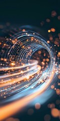 Poster - Glowing spiral light trails with orange and blue streaks creating dynamic motion effect against dark background, abstract technological concept with bokeh elements.