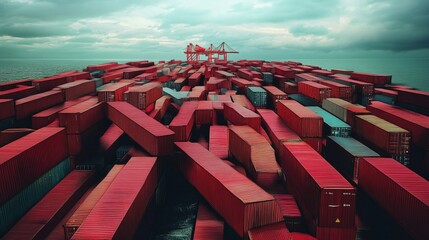 Poster - shipping containers stacked at port industrial setting aerial view global trade transport and logist
