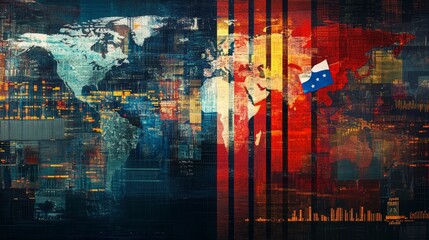 Poster - global digital landscape visualizing data trends with flags and maps technology environment abstract