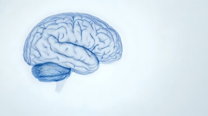 Poster - Anatomically accurate blue pencil sketch of human brain showing detailed gyri and sulci patterns on white background, suitable for medical and educational materials.